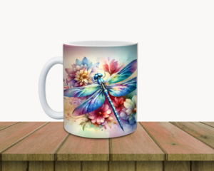 Dragonfly with vibrant flowers ceramic mug. Personalized dragonfly name coffee cup. Colorful floral dragonfly mug, 11 oz. 